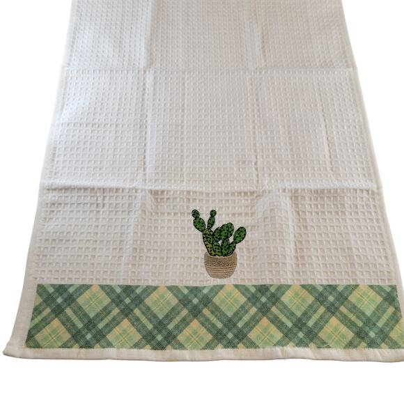 4 Cactus Kitchen Towels Lavien Embroidered Waffle Cotton Blend 16x24 Green Plaid - Picture 6 of 11
